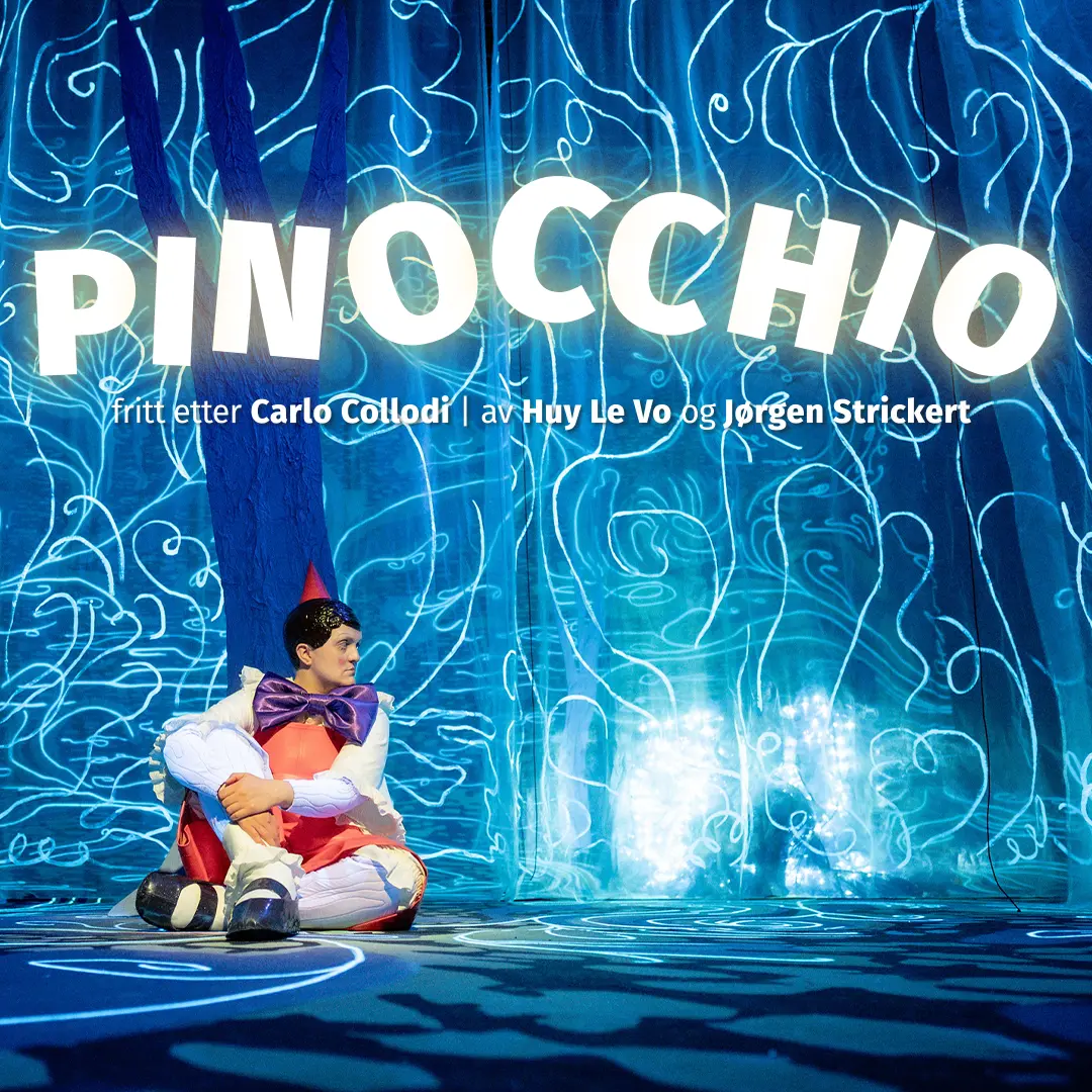 Pinocchio sitter i et blått landskap